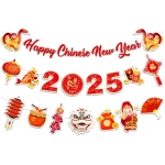 Happy Chinese New Year Banner- 3 Pcs 2025 Lunar New Year Banners, 2025 Chinese New Year Party Supplies, Year of The Snake Hanging Wall Decor for New Year Eve Party Photo...