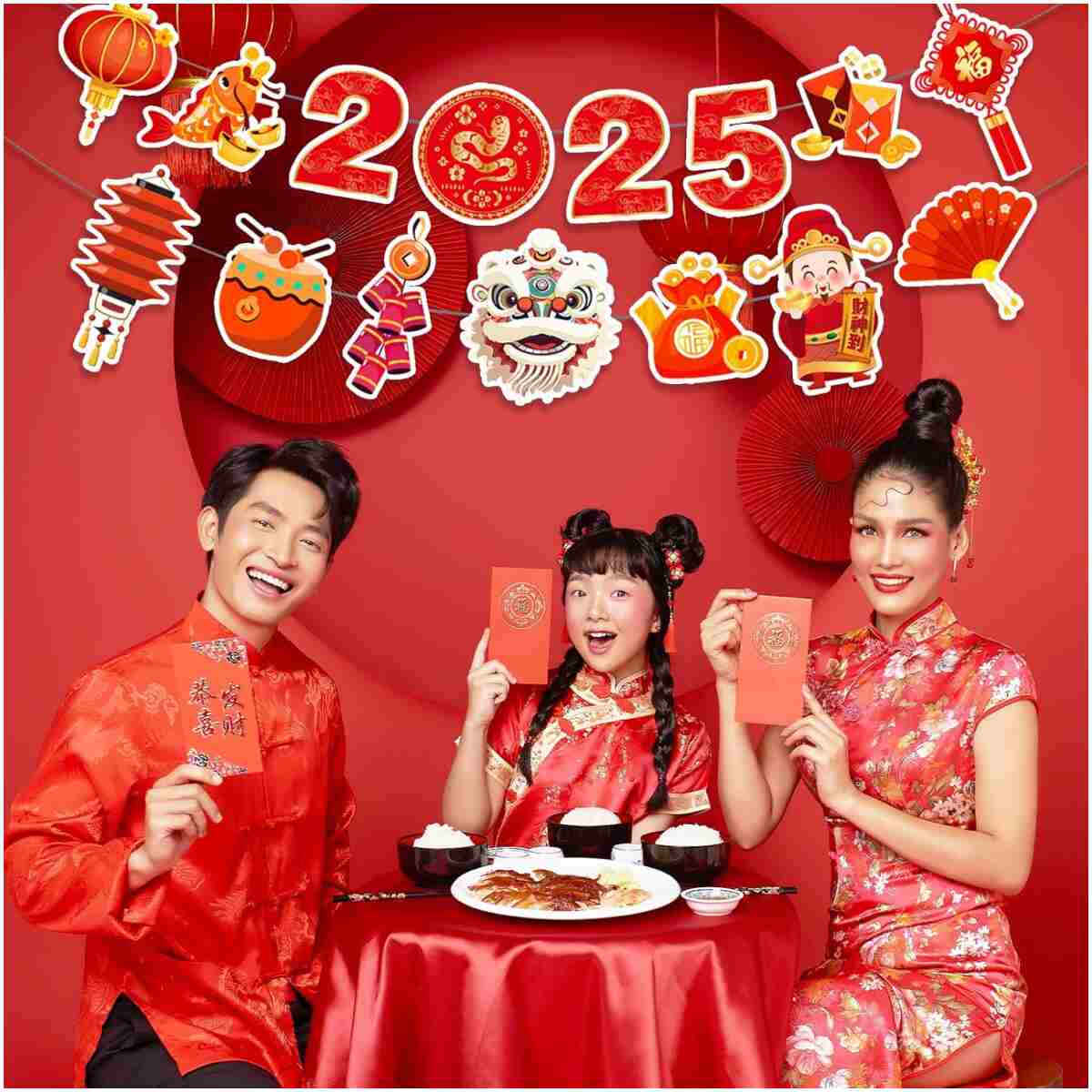 Happy Chinese New Year Banner- 3 Pcs 2025 Lunar New Year Banners, 2025 Chinese New Year Party Supplies, Year of The Snake Hanging Wall Decor for New Year Eve Party Photo...