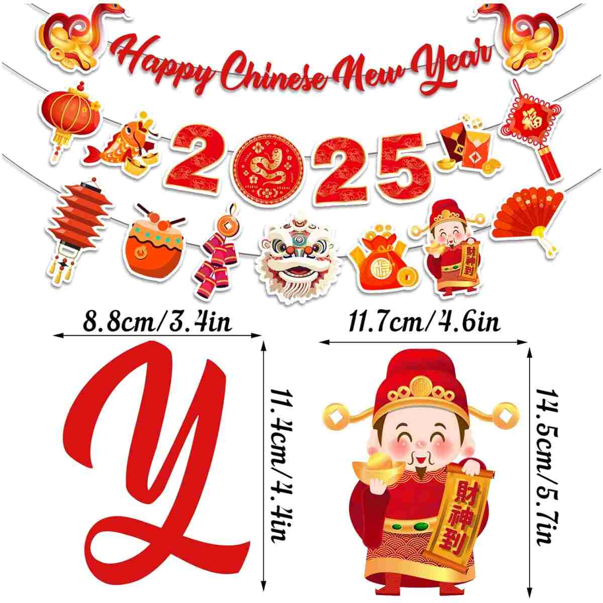Happy Chinese New Year Banner- 3 Pcs 2025 Lunar New Year Banners, 2025 Chinese New Year Party Supplies, Year of The Snake Hanging Wall Decor for New Year Eve Party Photo...