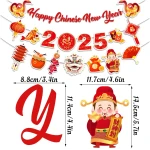 Happy Chinese New Year Banner- 3 Pcs 2025 Lunar New Year Banners, 2025 Chinese New Year Party Supplies, Year of The Snake Hanging Wall Decor for New Year Eve Party Photo...