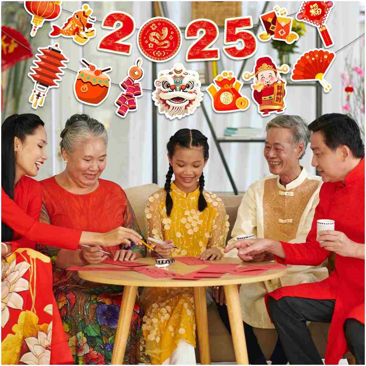 Happy Chinese New Year Banner- 3 Pcs 2025 Lunar New Year Banners, 2025 Chinese New Year Party Supplies, Year of The Snake Hanging Wall Decor for New Year Eve Party Photo...