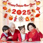 Happy Chinese New Year Banner- 3 Pcs 2025 Lunar New Year Banners, 2025 Chinese New Year Party Supplies, Year of The Snake Hanging Wall Decor for New Year Eve Party Photo...
