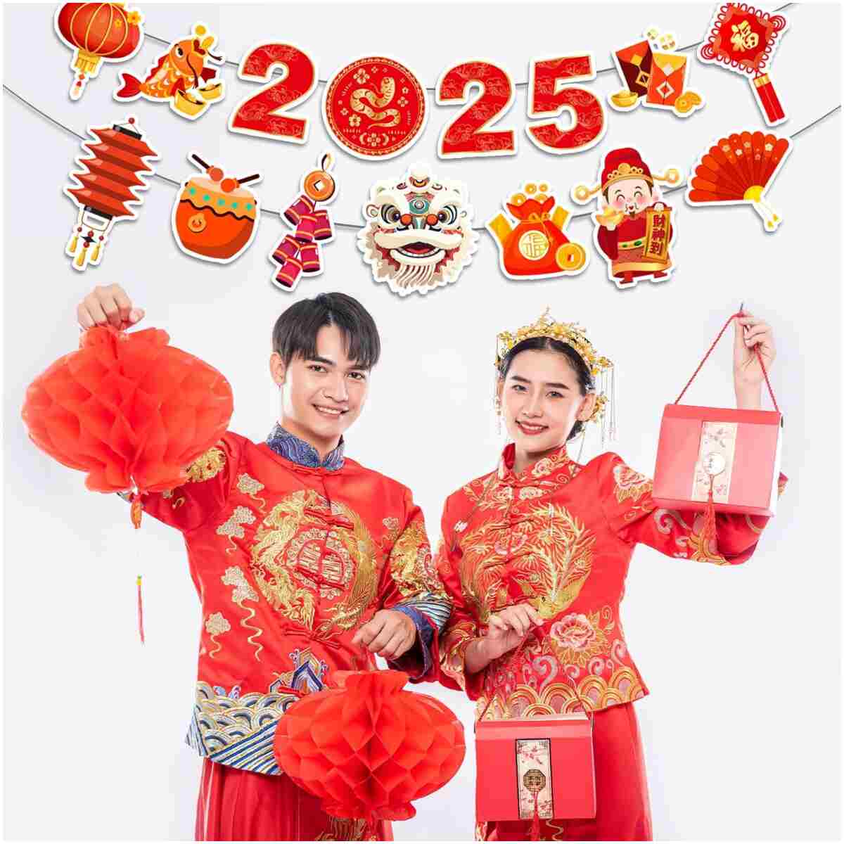 Happy Chinese New Year Banner- 3 Pcs 2025 Lunar New Year Banners, 2025 Chinese New Year Party Supplies, Year of The Snake Hanging Wall Decor for New Year Eve Party Photo...