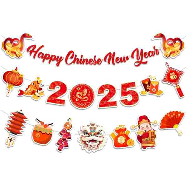Happy Chinese New Year Banner- 3 Pcs 2025 Lunar New Year Banners, 2025 Chinese New Year Party Supplies, Year of The Snake Hanging Wall Decor for New Year Eve Party Photo...