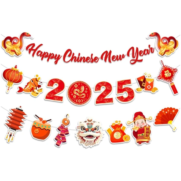 Happy Chinese New Year Banner- 3 Pcs 2025 Lunar New Year Banners, 2025 Chinese New Year Party Supplies, Year of The Snake Hanging Wall Decor for New Year Eve Party Photo...