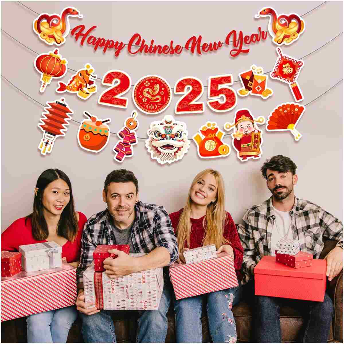 Happy Chinese New Year Banner- 3 Pcs 2025 Lunar New Year Banners, 2025 Chinese New Year Party Supplies, Year of The Snake Hanging Wall Decor for New Year Eve Party Photo...