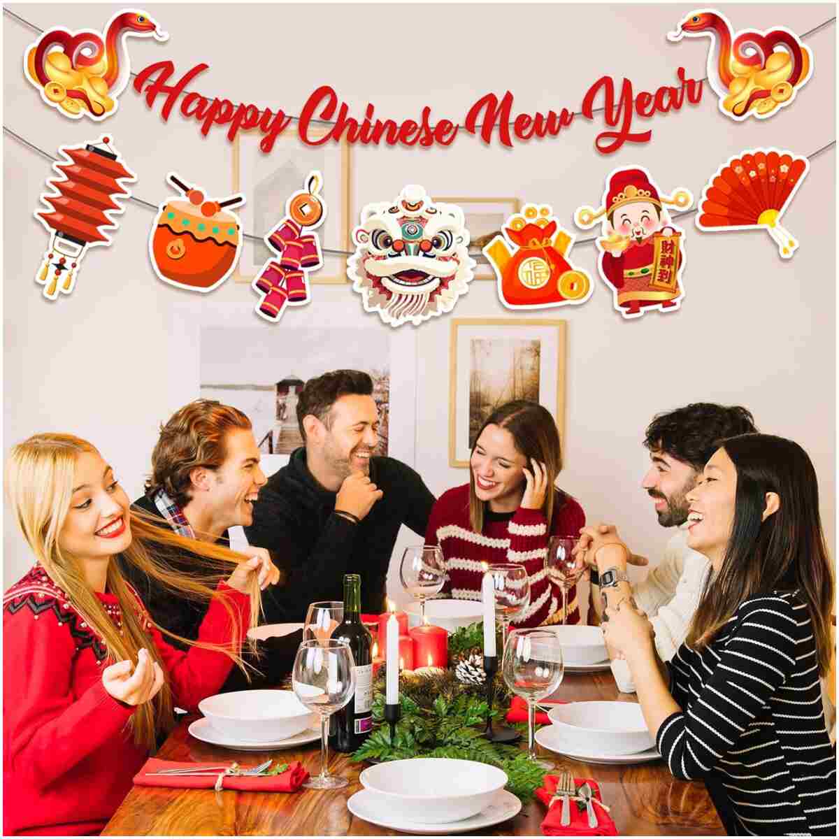 Happy Chinese New Year Banner- 3 Pcs 2025 Lunar New Year Banners, 2025 Chinese New Year Party Supplies, Year of The Snake Hanging Wall Decor for New Year Eve Party Photo...
