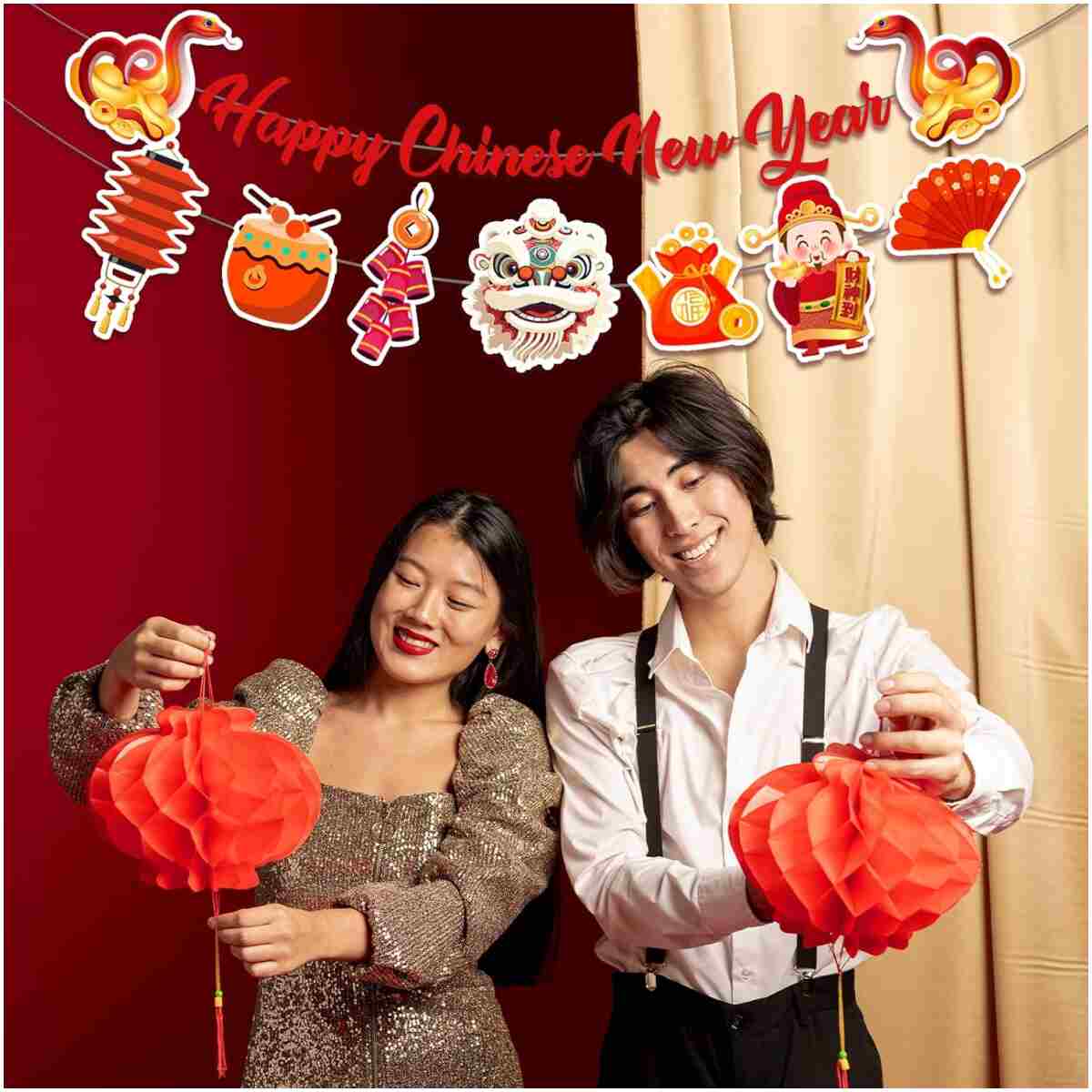 Happy Chinese New Year Banner- 3 Pcs 2025 Lunar New Year Banners, 2025 Chinese New Year Party Supplies, Year of The Snake Hanging Wall Decor for New Year Eve Party Photo...