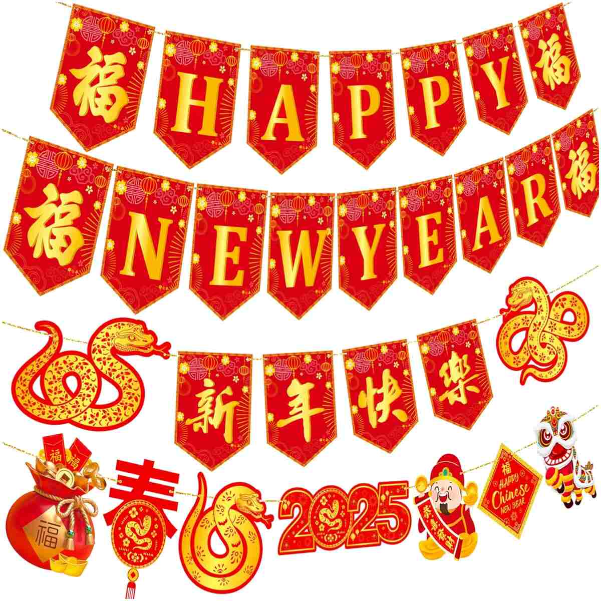 Happy Chinese New Year Banners Spring Festival Party Decorations Lunar New Year Banners Year of the Snake Hanging Decoration for 2025 Chinese New Year Party Supplies