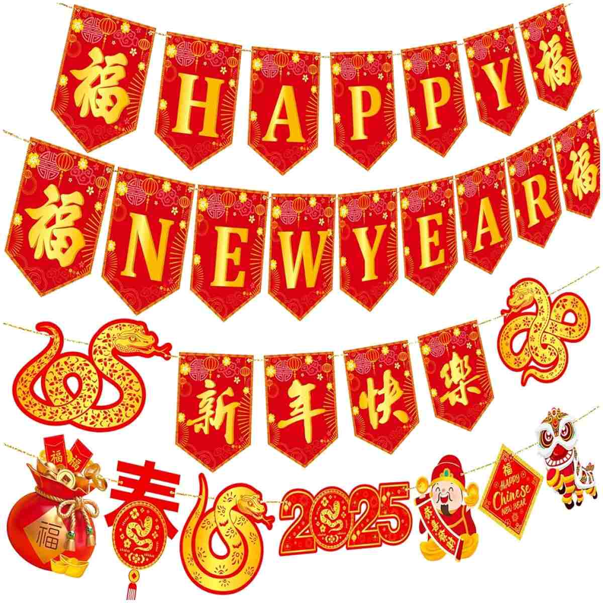 Happy Chinese New Year Banners Spring Festival Party Decorations Lunar New Year Banners Year of the Snake Hanging Decoration for 2025 Chinese New Year Party Supplies