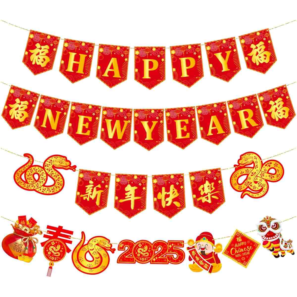 Happy Chinese New Year Banners Spring Festival Party Decorations Lunar New Year Banners Year of the Snake Hanging Decoration for 2025 Chinese New Year Party Supplies