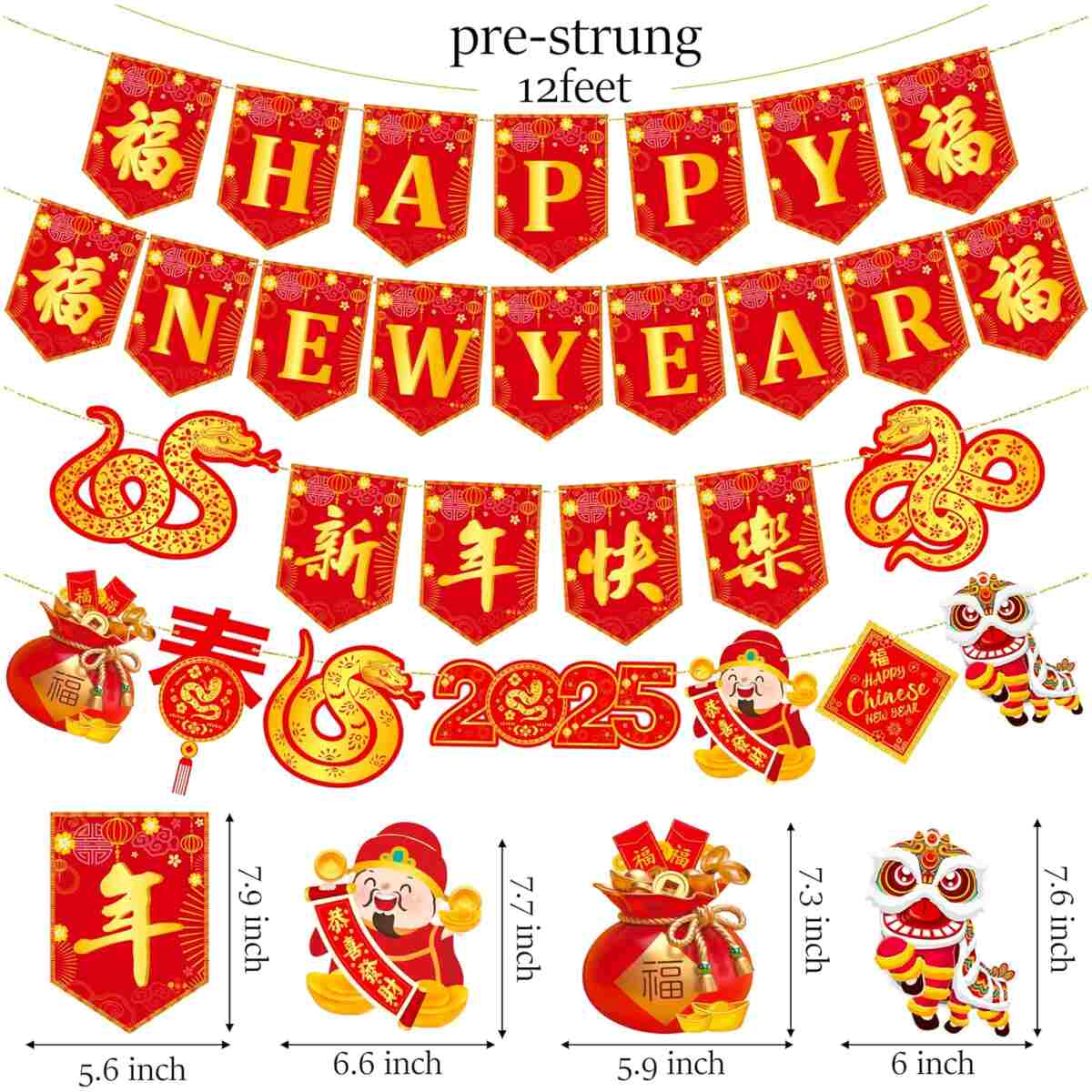 Happy Chinese New Year Banners Spring Festival Party Decorations Lunar New Year Banners Year of the Snake Hanging Decoration for 2025 Chinese New Year Party Supplies