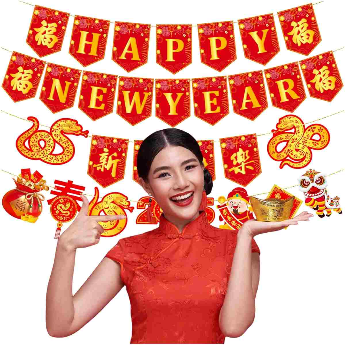 Happy Chinese New Year Banners Spring Festival Party Decorations Lunar New Year Banners Year of the Snake Hanging Decoration for 2025 Chinese New Year Party Supplies