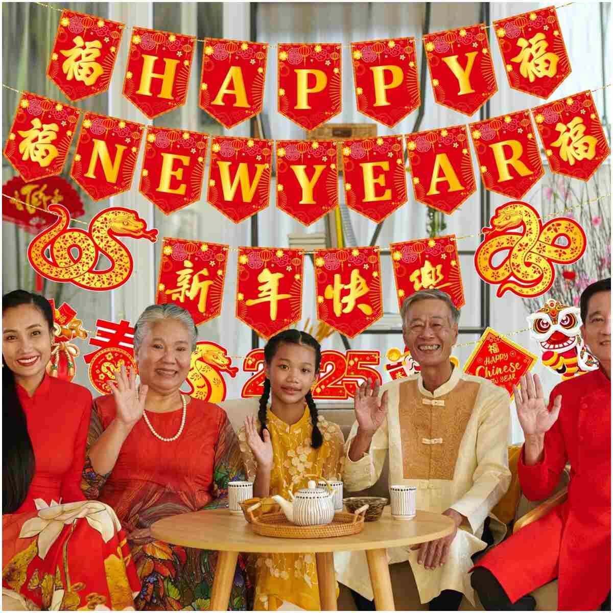 Happy Chinese New Year Banners Spring Festival Party Decorations Lunar New Year Banners Year of the Snake Hanging Decoration for 2025 Chinese New Year Party Supplies