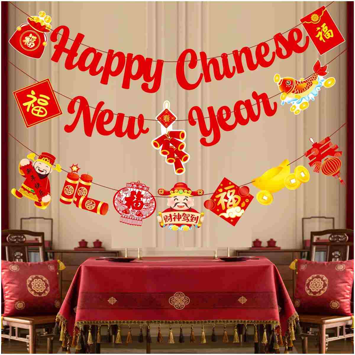 Happy Chinese New Year Party Banner 2025 Chinese New Year Decorations Lunar New Year Banner Spring Festival Lunar New Year Decor for 2025 Chinese New Year Party Banner Year of...