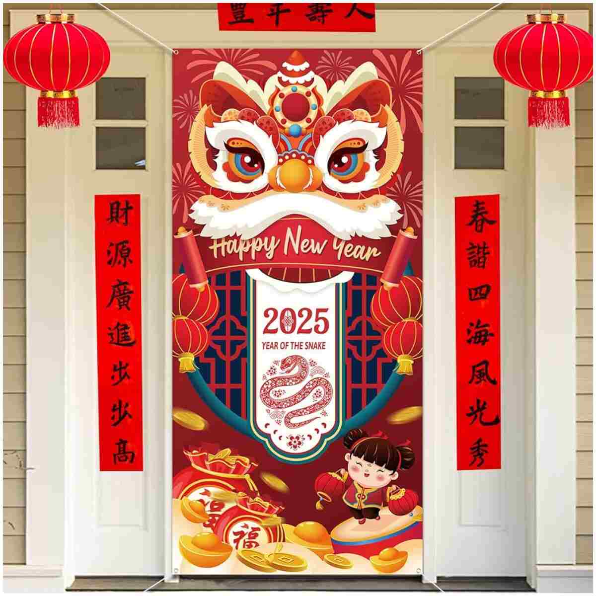 HOWAF Chinese New Year's Decoration Door Banner, Large Fabric 2025 New Year's Eve Party Door Cover, Year of the Snake Backdrop Banner for Spring Festival Party Supplies, Red...