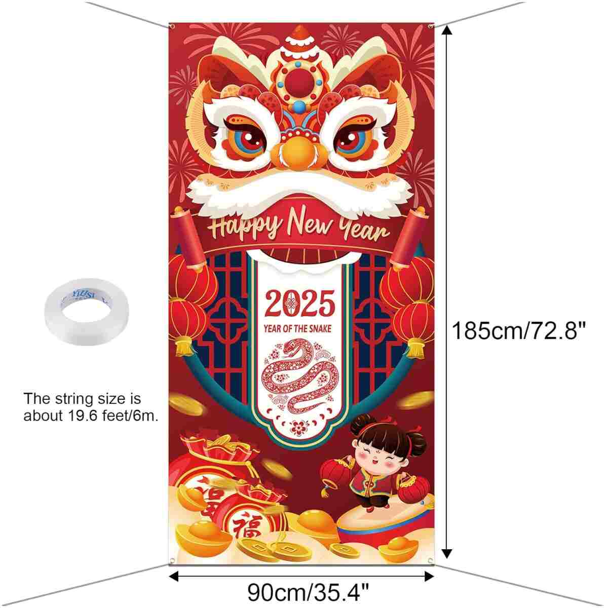 HOWAF Chinese New Year's Decoration Door Banner, Large Fabric 2025 New Year's Eve Party Door Cover, Year of the Snake Backdrop Banner for Spring Festival Party Supplies, Red...