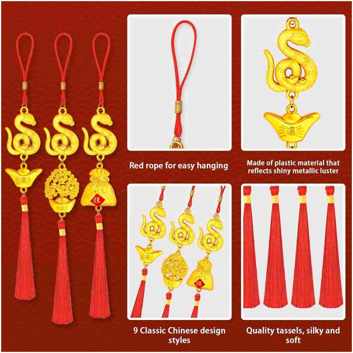 JULMELON 20PCS Chinese New Year Decorations 2025 Year of The Snake Gold Feng Shui Hanging Pendants Chinese Knot Good Lucky Ornaments for Car Spring Festival Lunar New Year...
