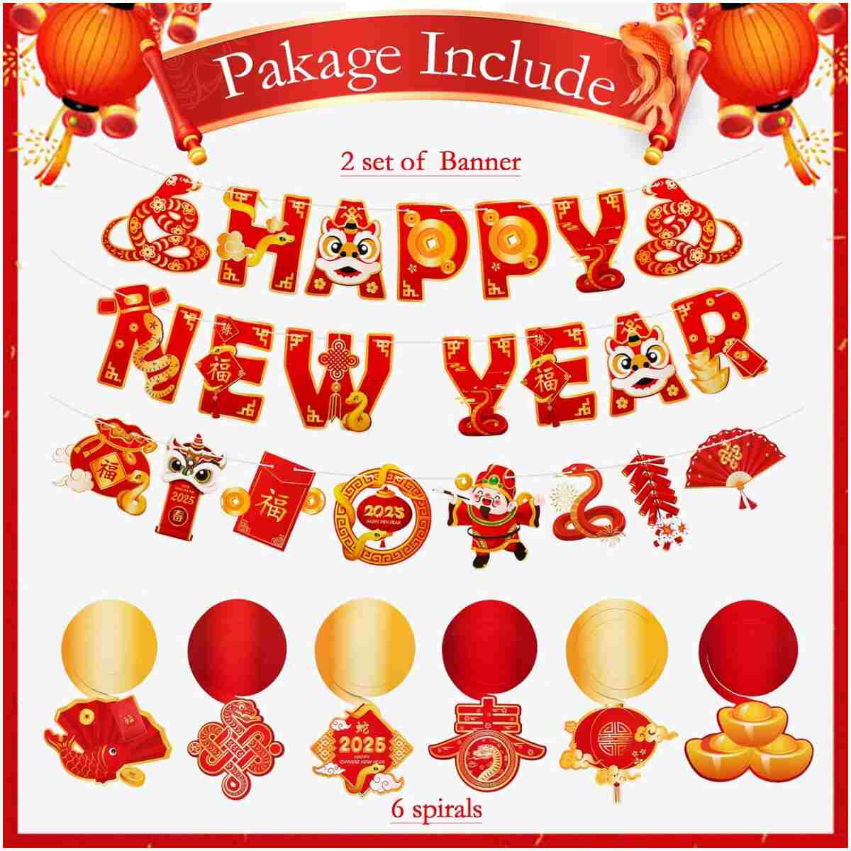Konsait Happy Chinese New Year Banner, Lunar New Year Decorations 2025, Year of the Snake Spring Festival Deocration Banner Swirls Set for Home Office, Red and Gold Joy Chinese...