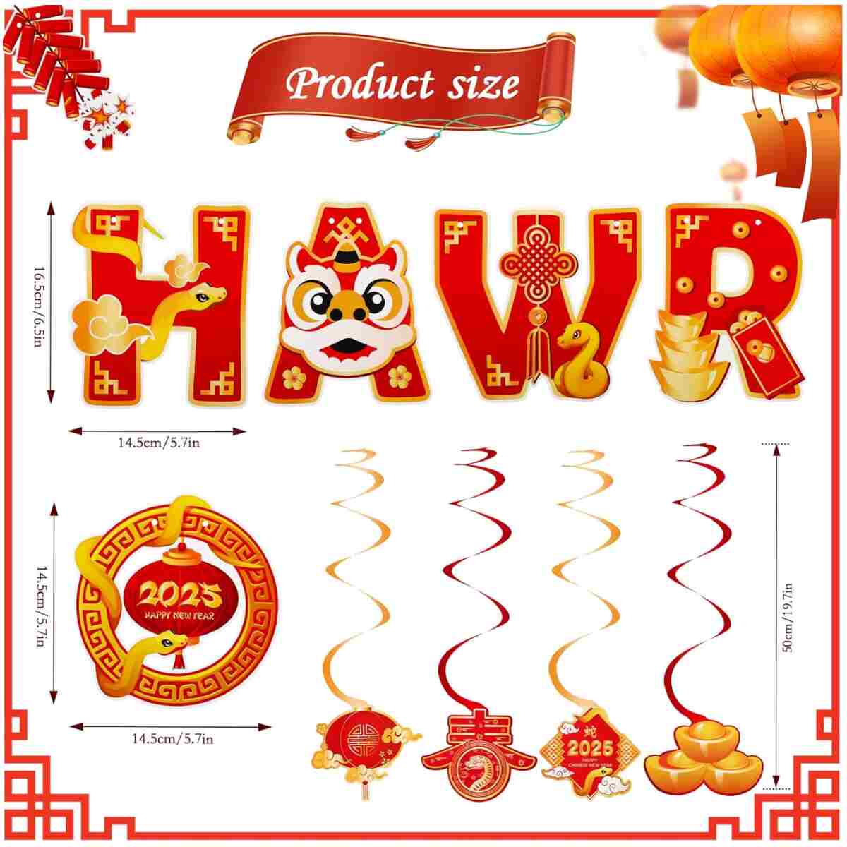 Konsait Happy Chinese New Year Banner, Lunar New Year Decorations 2025, Year of the Snake Spring Festival Deocration Banner Swirls Set for Home Office, Red and Gold Joy Chinese...