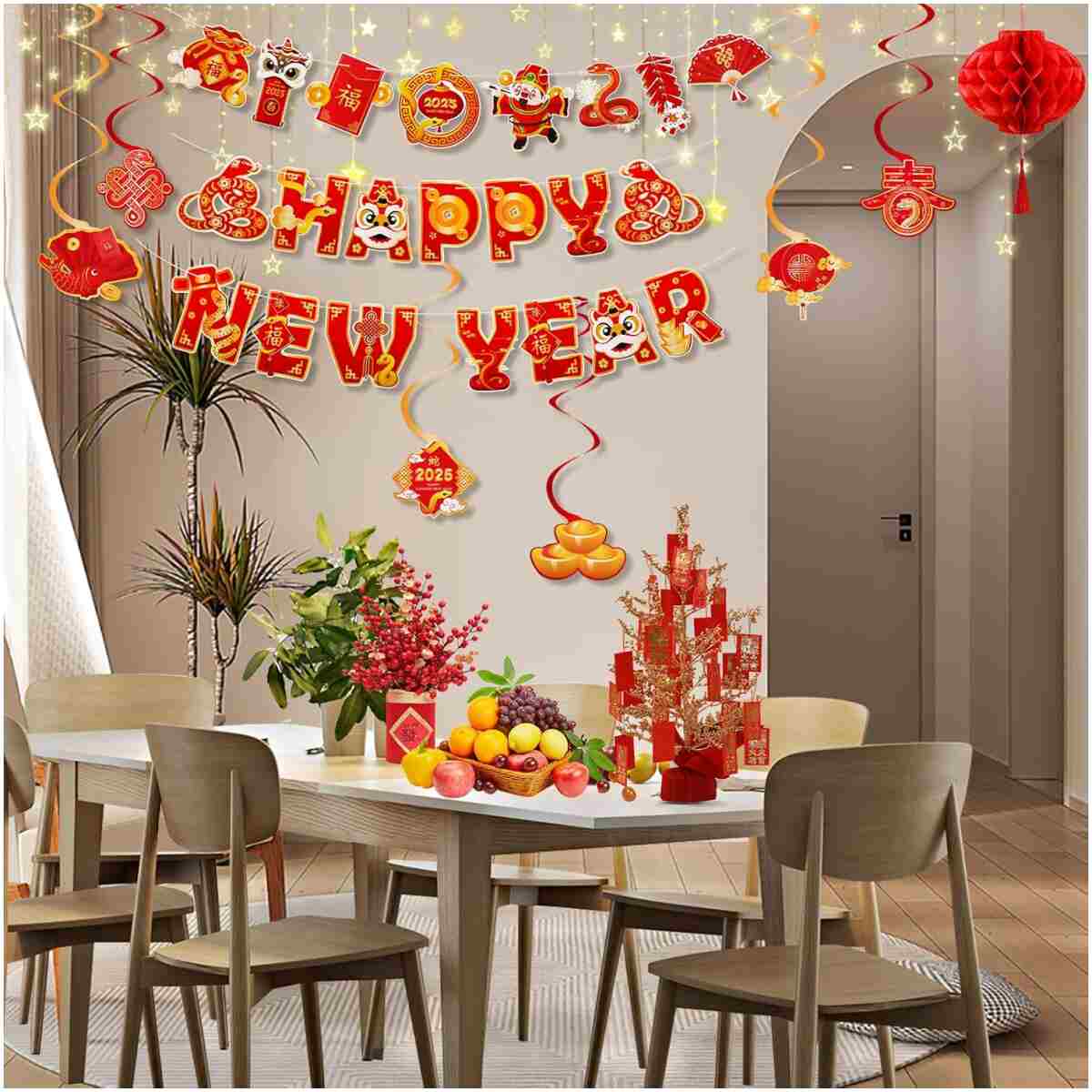 Konsait Happy Chinese New Year Banner, Lunar New Year Decorations 2025, Year of the Snake Spring Festival Deocration Banner Swirls Set for Home Office, Red and Gold Joy Chinese...