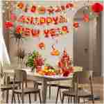 Konsait Happy Chinese New Year Banner, Lunar New Year Decorations 2025, Year of the Snake Spring Festival Deocration Banner Swirls Set for Home Office, Red and Gold Joy Chinese...