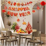 Konsait Happy Chinese New Year Banner, Lunar New Year Decorations 2025, Year of the Snake Spring Festival Deocration Banner Swirls Set for Home Office, Red and Gold Joy Chinese...