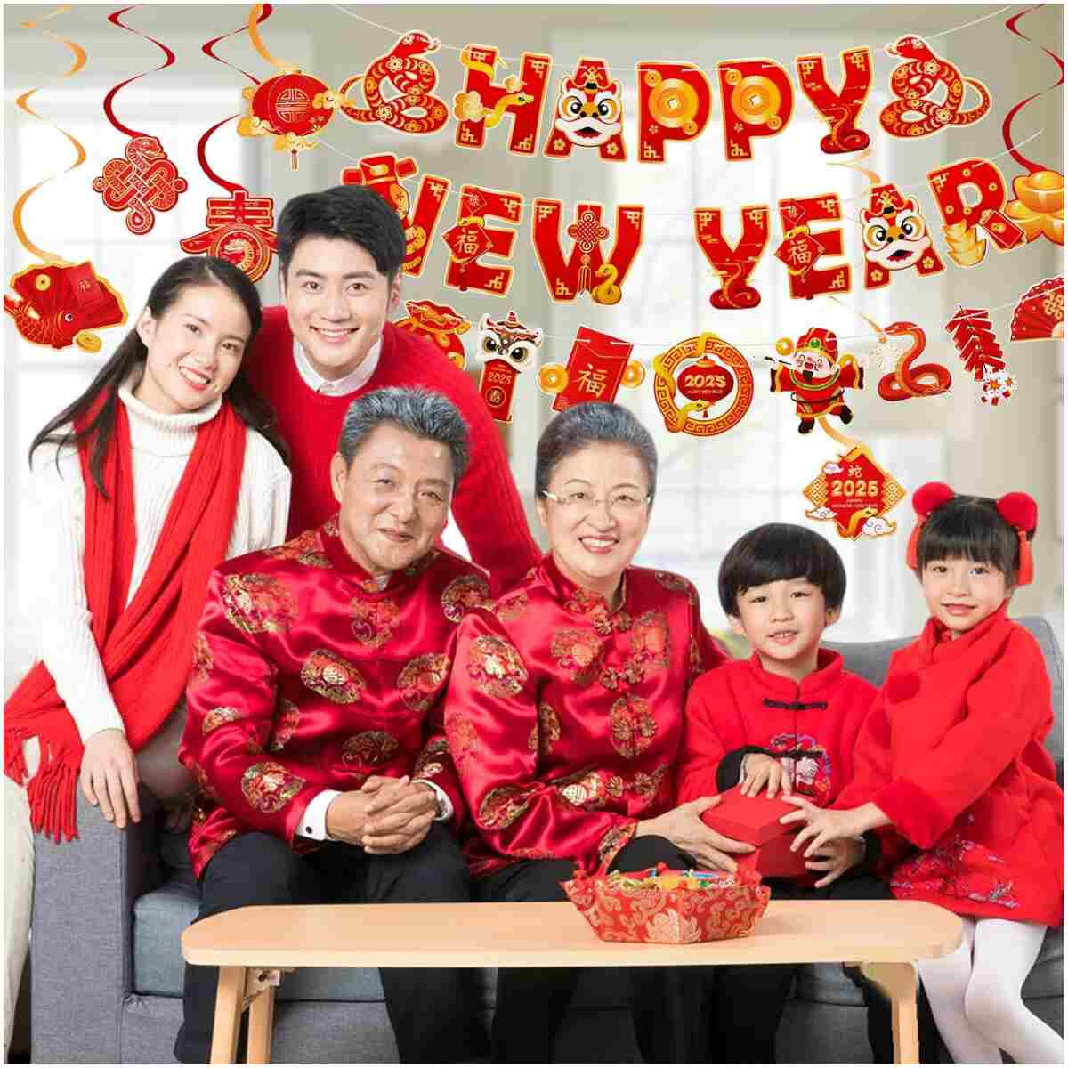 Konsait Happy Chinese New Year Banner, Lunar New Year Decorations 2025, Year of the Snake Spring Festival Deocration Banner Swirls Set for Home Office, Red and Gold Joy Chinese...