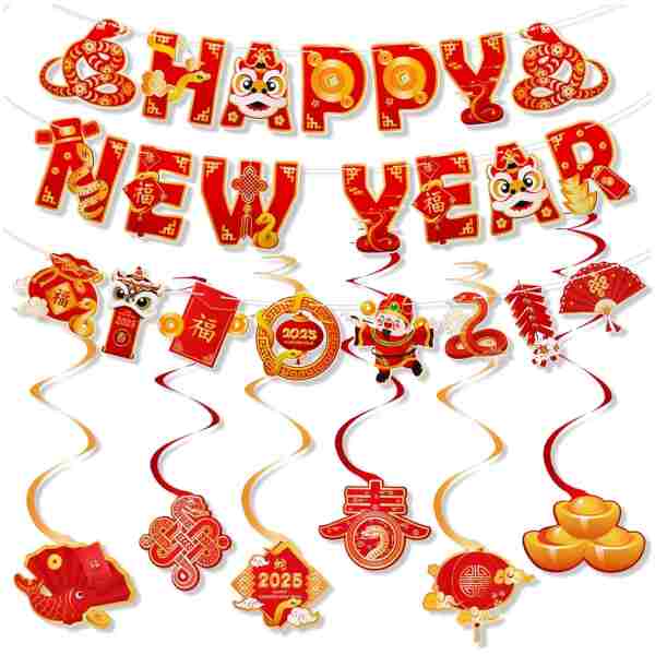 Konsait Happy Chinese New Year Banner, Lunar New Year Decorations 2025, Year of the Snake Spring Festival Deocration Banner Swirls Set for Home Office, Red and Gold Joy Chinese...