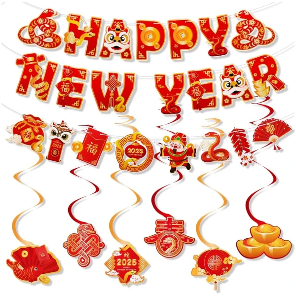 Konsait Happy Chinese New Year Banner, Lunar New Year Decorations 2025, Year of the Snake Spring Festival Deocration Banner Swirls Set for Home Office, Red and Gold Joy Chinese...