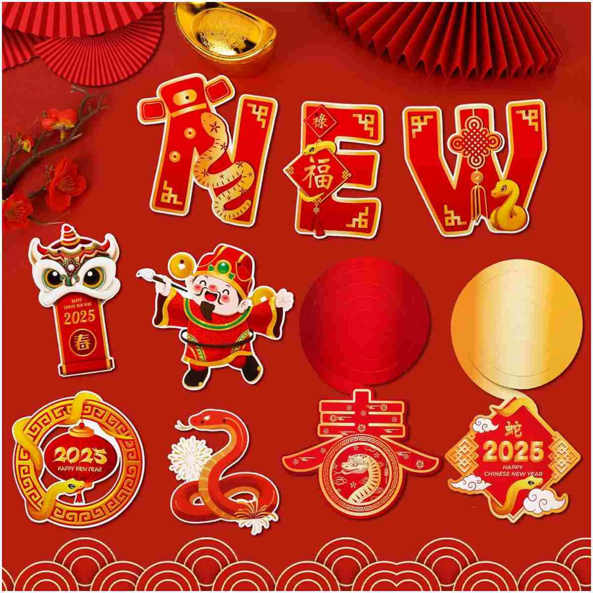 Konsait Happy Chinese New Year Banner, Lunar New Year Decorations 2025, Year of the Snake Spring Festival Deocration Banner Swirls Set for Home Office, Red and Gold Joy Chinese...