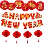 Konsait Happy Chinese New Year Decorations 2025, Year of The Snake Chinese New Year Lanterns Banners Paper Fans Set for Home Office, Red and Gold Joy Chinese New Year Banners Set