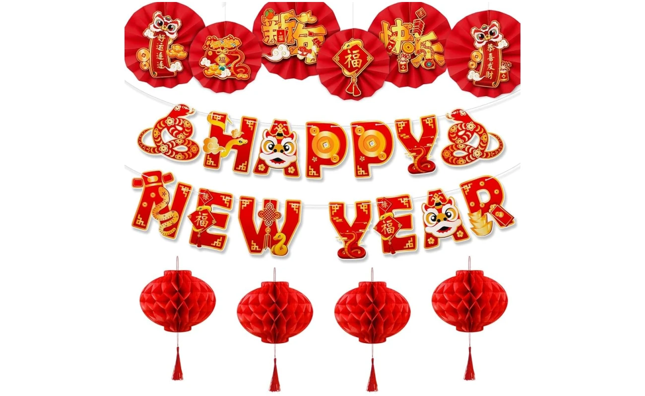 Konsait Happy Chinese New Year Decorations 2025, Year of The Snake Chinese New Year Lanterns Banners Paper Fans Set for Home Office, Red and Gold Joy Chinese New Year Banners Set