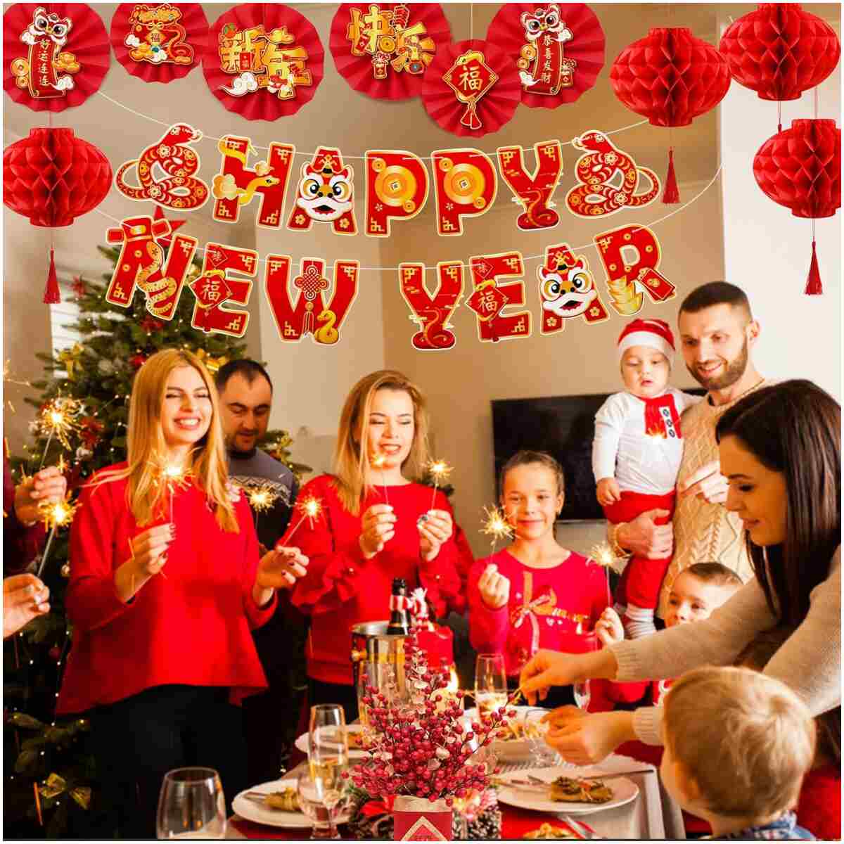 Konsait Happy Chinese New Year Decorations 2025, Year of The Snake Chinese New Year Lanterns Banners Paper Fans Set for Home Office, Red and Gold Joy Chinese New Year Banners Set