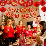 Konsait Happy Chinese New Year Decorations 2025, Year of The Snake Chinese New Year Lanterns Banners Paper Fans Set for Home Office, Red and Gold Joy Chinese New Year Banners Set
