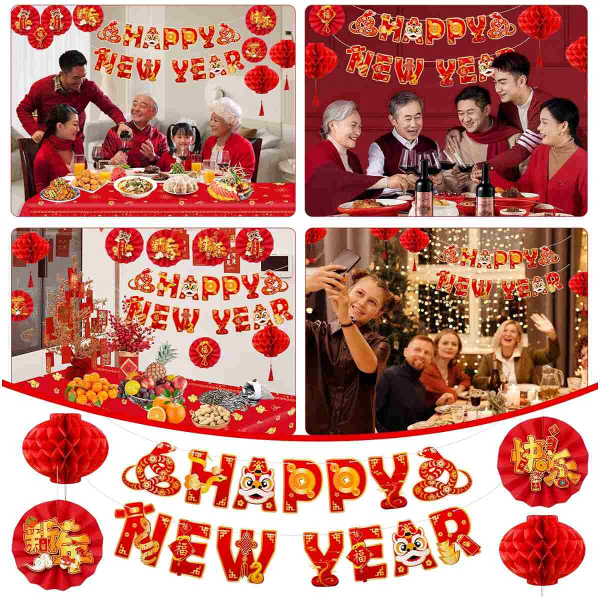Konsait Happy Chinese New Year Decorations 2025, Year of The Snake Chinese New Year Lanterns Banners Paper Fans Set for Home Office, Red and Gold Joy Chinese New Year Banners Set