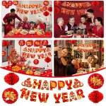 Konsait Happy Chinese New Year Decorations 2025, Year of The Snake Chinese New Year Lanterns Banners Paper Fans Set for Home Office, Red and Gold Joy Chinese New Year Banners Set