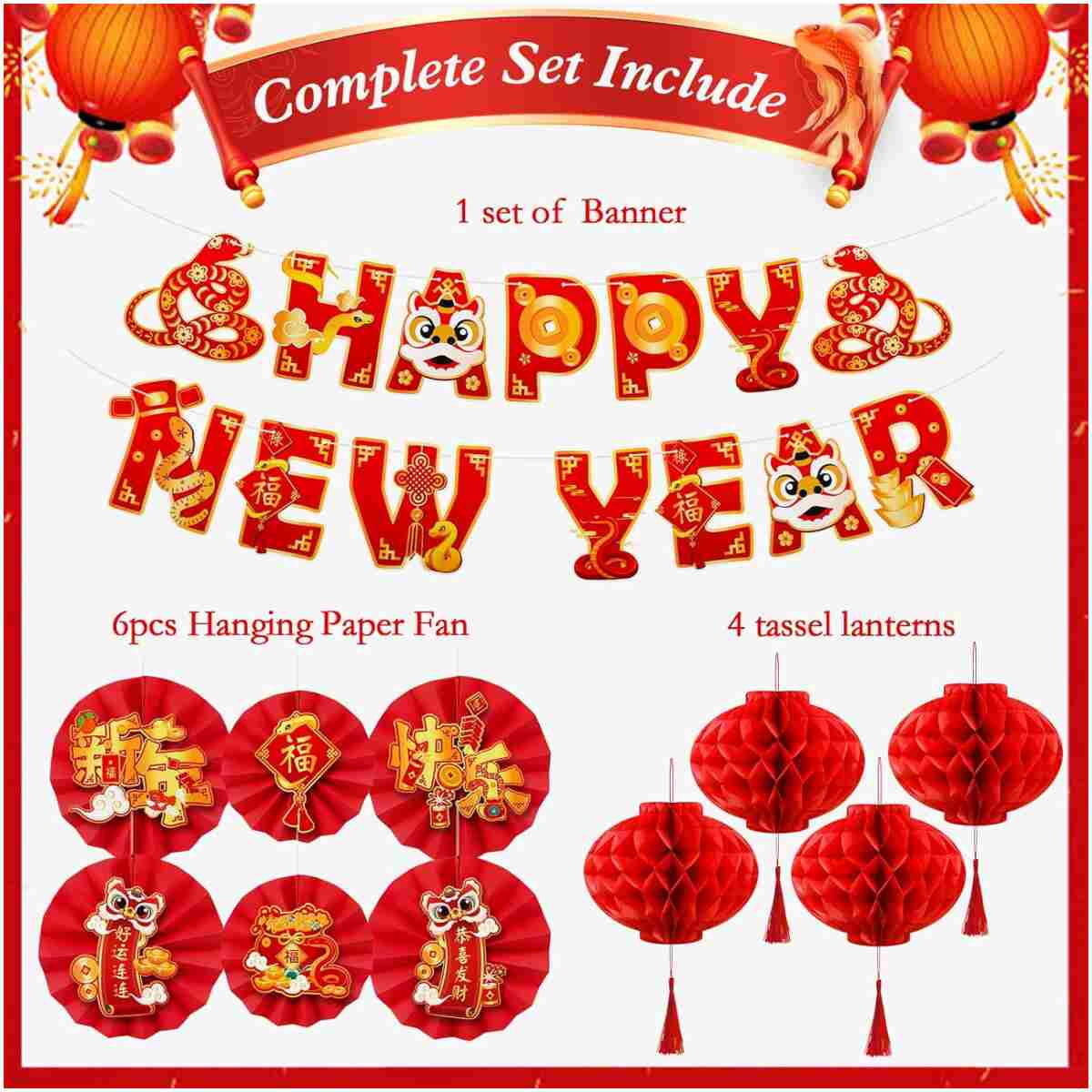 Konsait Happy Chinese New Year Decorations 2025, Year of The Snake Chinese New Year Lanterns Banners Paper Fans Set for Home Office, Red and Gold Joy Chinese New Year Banners Set