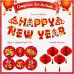 Konsait Happy Chinese New Year Decorations 2025, Year of The Snake Chinese New Year Lanterns Banners Paper Fans Set for Home Office, Red and Gold Joy Chinese New Year Banners Set