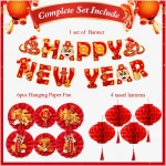 Konsait Happy Chinese New Year Decorations 2025, Year of The Snake Chinese New Year Lanterns Banners Paper Fans Set for Home Office, Red and Gold Joy Chinese New Year Banners Set