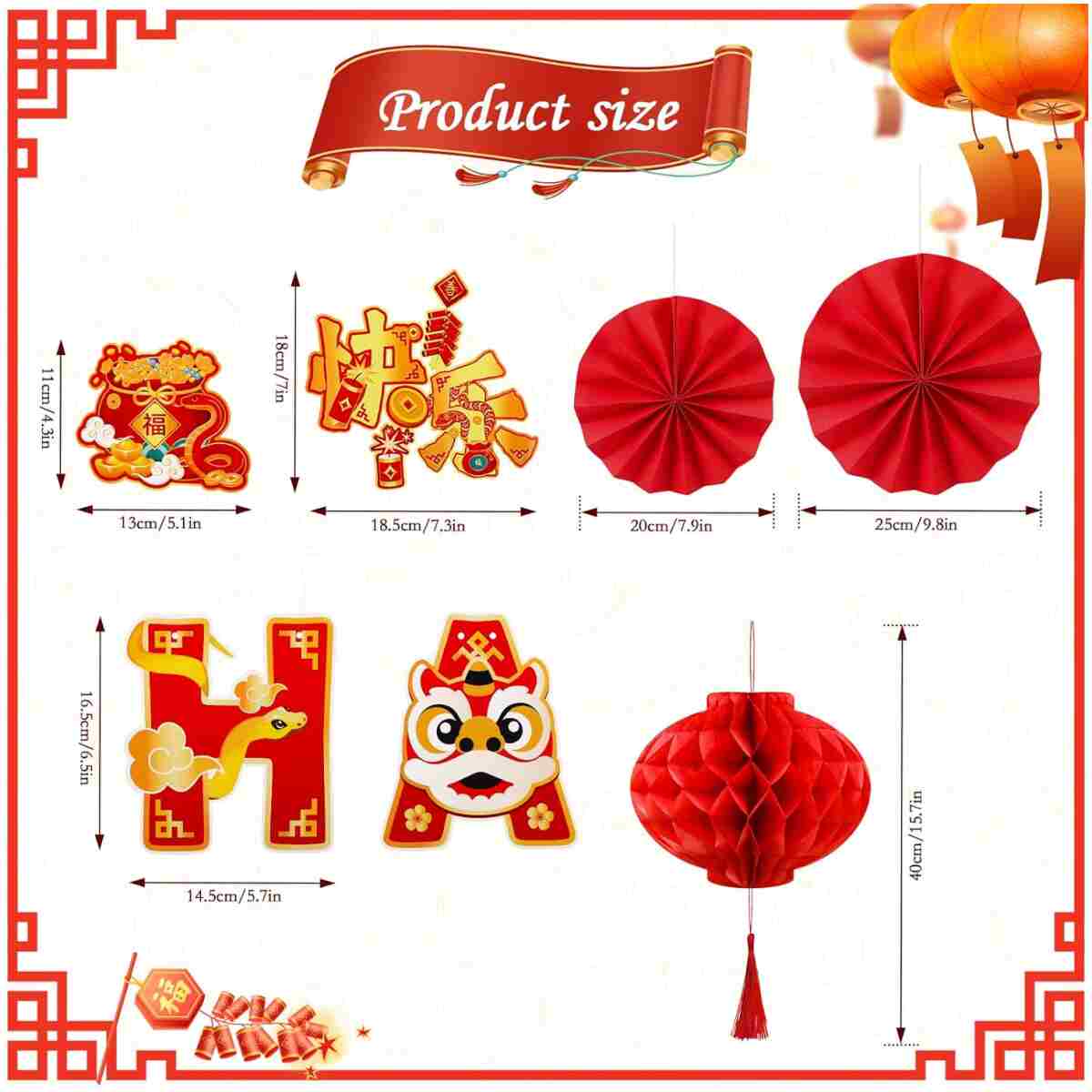 Konsait Happy Chinese New Year Decorations 2025, Year of The Snake Chinese New Year Lanterns Banners Paper Fans Set for Home Office, Red and Gold Joy Chinese New Year Banners Set