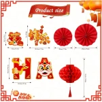 Konsait Happy Chinese New Year Decorations 2025, Year of The Snake Chinese New Year Lanterns Banners Paper Fans Set for Home Office, Red and Gold Joy Chinese New Year Banners Set
