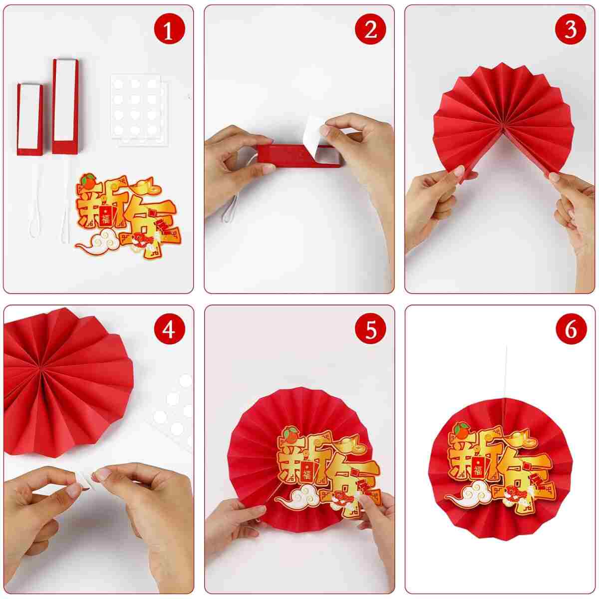 Konsait Happy Chinese New Year Decorations 2025, Year of The Snake Chinese New Year Lanterns Banners Paper Fans Set for Home Office, Red and Gold Joy Chinese New Year Banners Set