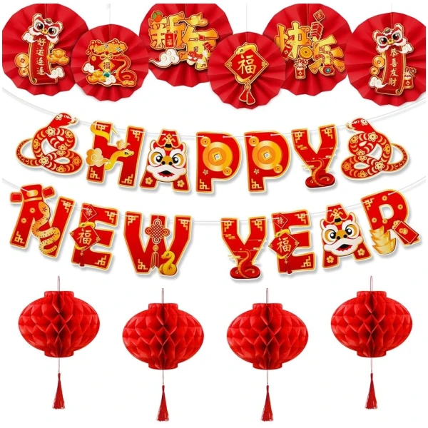Konsait Happy Chinese New Year Decorations 2025, Year of The Snake Chinese New Year Lanterns Banners Paper Fans Set for Home Office, Red and Gold Joy Chinese New Year Banners Set