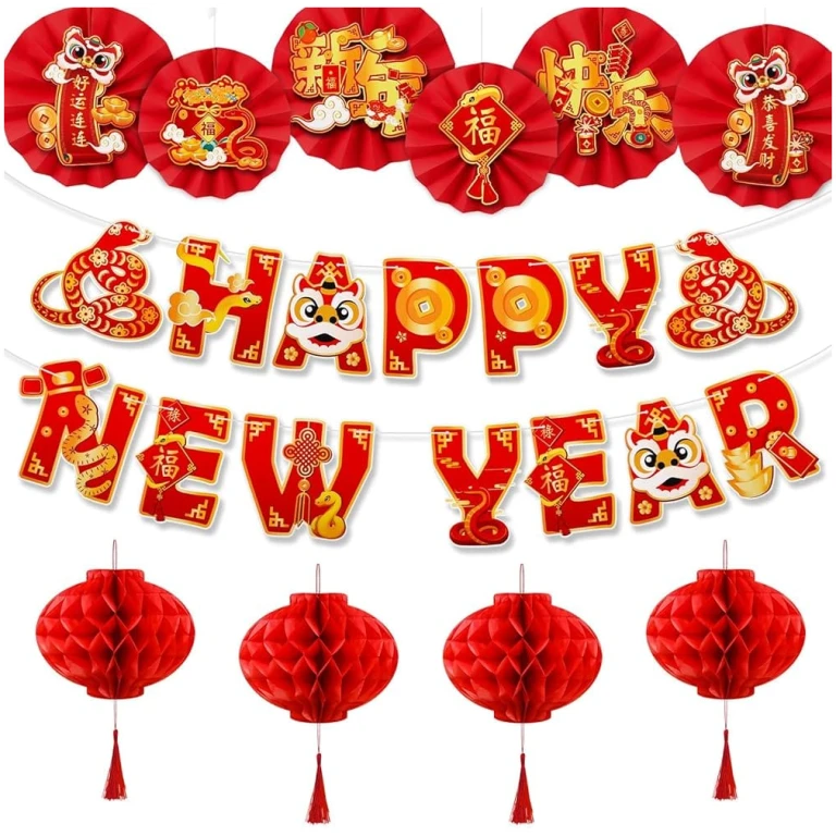 Konsait Happy Chinese New Year Decorations 2025, Year of The Snake Chinese New Year Lanterns Banners Paper Fans Set for Home Office, Red and Gold Joy Chinese New Year Banners Set