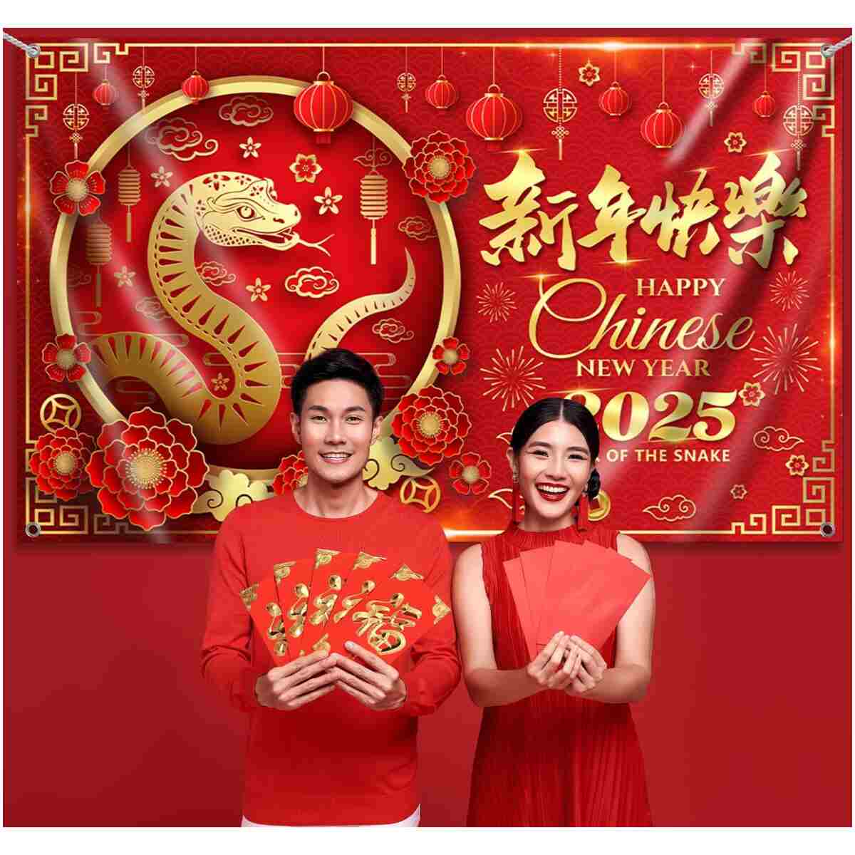 Large 71" X 43" Chinese New Year Decorations 2025 Backdrop, Lunar New Year Decorations 2025, Year of The Snake 2025 Decorations Chinese New Year Banner, Chinese New Year...