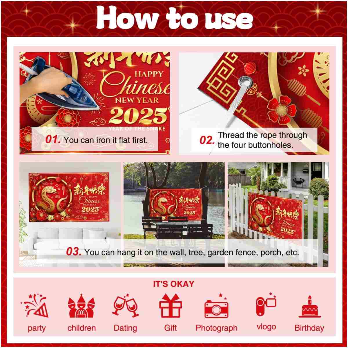 Large 71" X 43" Chinese New Year Decorations 2025 Backdrop, Lunar New Year Decorations 2025, Year of The Snake 2025 Decorations Chinese New Year Banner, Chinese New Year...