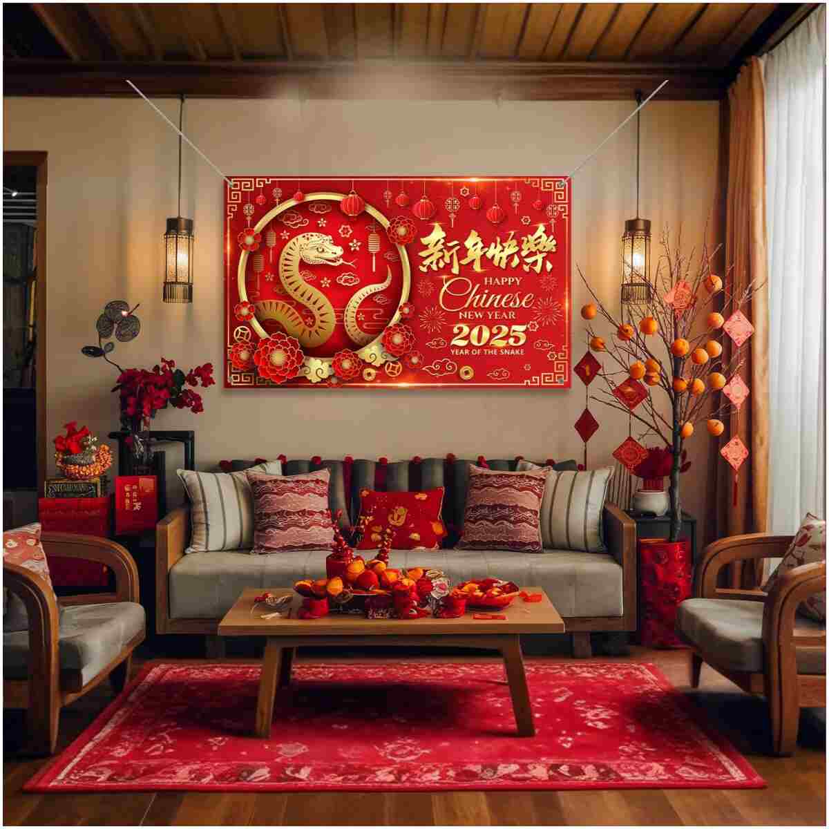 Large 71" X 43" Chinese New Year Decorations 2025 Backdrop, Lunar New Year Decorations 2025, Year of The Snake 2025 Decorations Chinese New Year Banner, Chinese New Year...