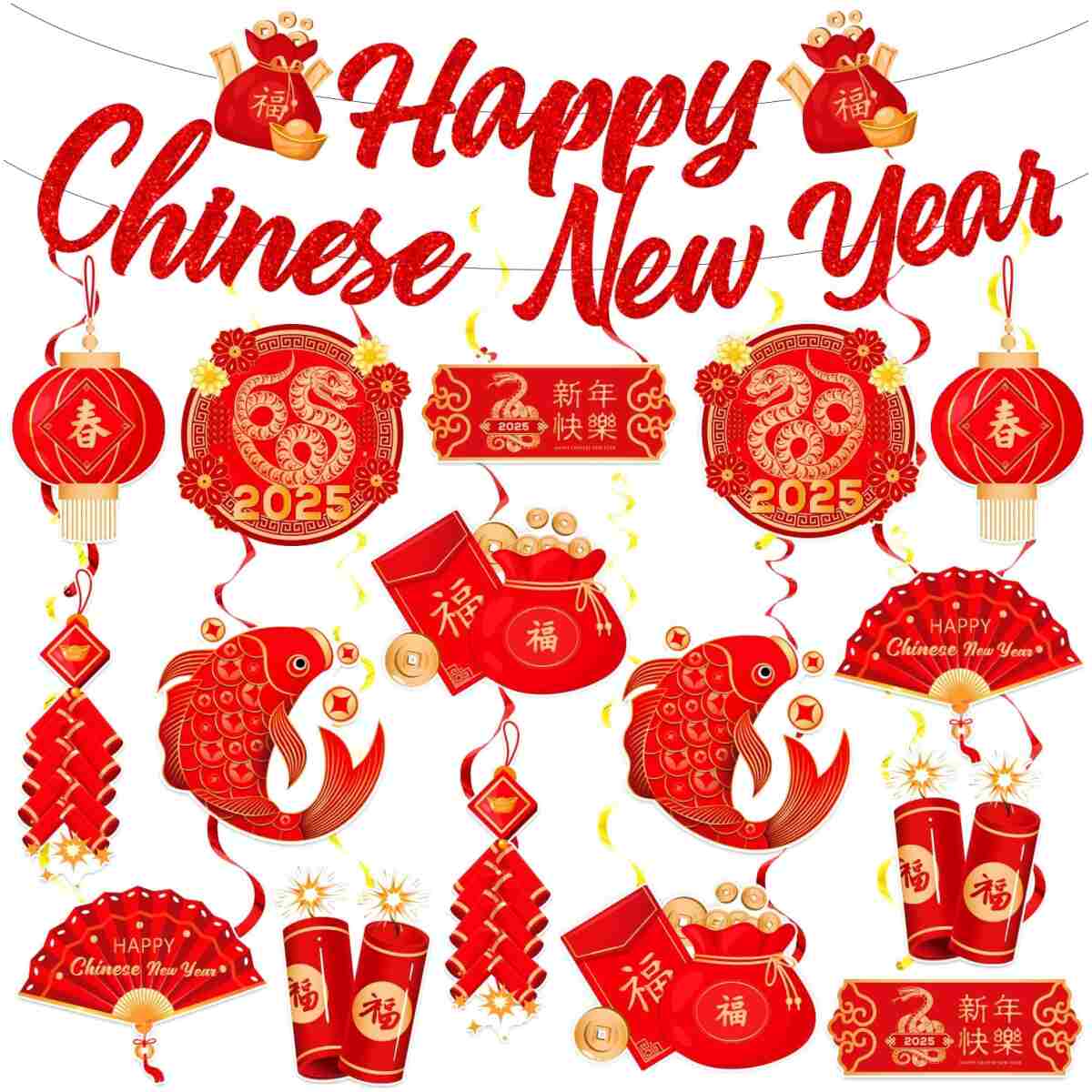 LARRAZABAL Chinese New Year Decorations 2025, Lunar Chinese New Year Decorations Include Chinese New Year Banners and Hanging Swirls for Home Office, Chinese New Year 2025 Party...