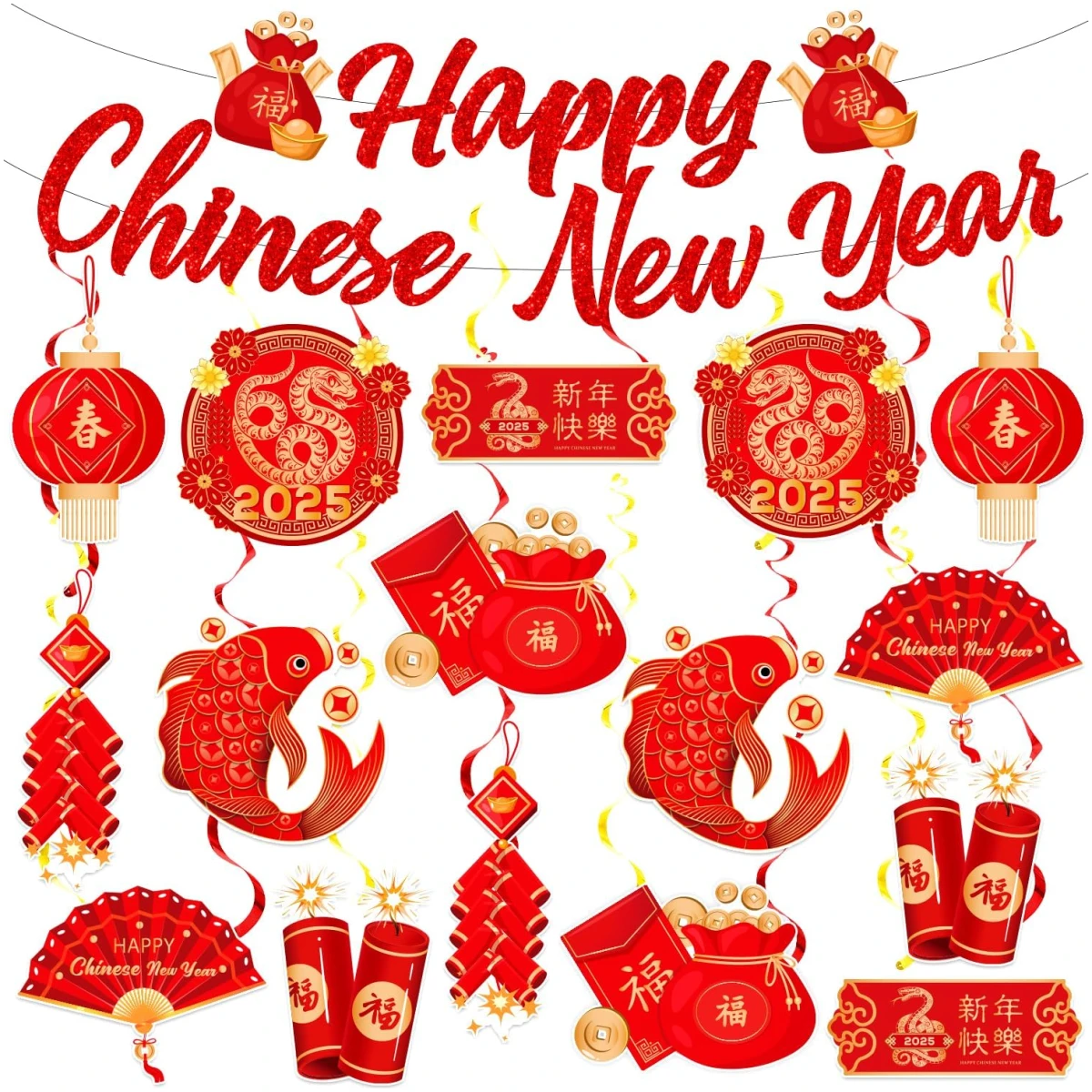LARRAZABAL Chinese New Year Decorations 2025, Lunar Chinese New Year Decorations Include Chinese New Year Banners and Hanging Swirls for Home Office, Chinese New Year 2025 Party...